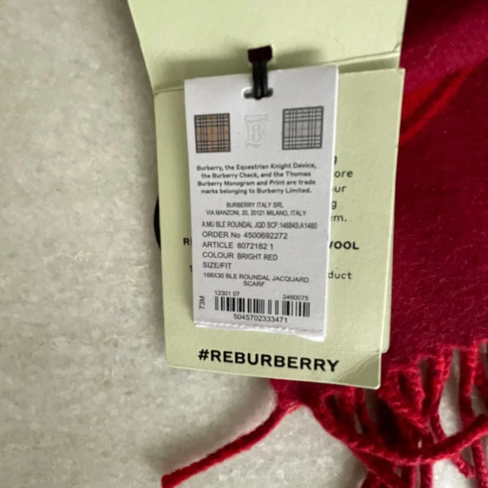 Burberry Bright Red Reversible Roundal Scarf, 100% wool, with logo‎